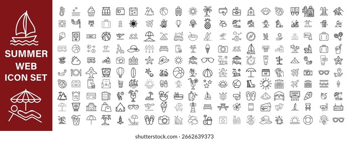 Sommerset von Web-Icons im Linienstil. Sommerferiensymbole für Web und mobile App. Reisen, Strand, Tourismus, Sommerferien, Hotel, Relax, Strand, Gepäck, Reisepass, Sonnenbrille. Big Icon set all ,