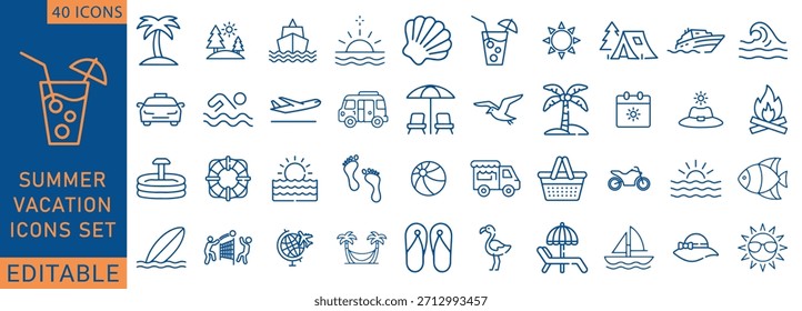 Conjunto de verano de iconos web en estilo de línea. Iconos de vacaciones de verano para Web y App móvil. Viajes, playa, turismo, vacaciones de verano, hotel, equipaje, relax, playa, pasaporte, gafas de sol. Ilustración vectorial