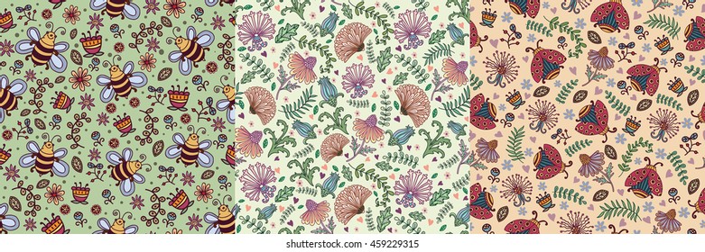Summer Set with wild flowers, ladybirds and bees. Vector seamless pattern