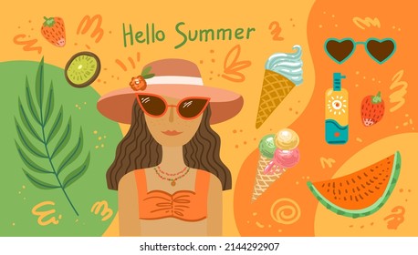 Summer set. Woman in hat and sunglasses. Beautiful vector illustration about summer.