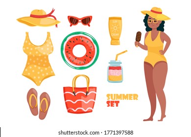 Summer set with woman in swimwear holding ice cream in her hand. Summertime stuff. Vacation on the beach. Vector cartoon illustration.