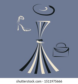 Summer set of women's dresses, high heels and purses.