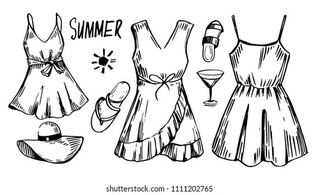 Summer set with women's dresses. Vector sketch