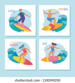 Summer set. Young people surfing waves. Vector illustration.