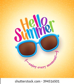 Summer Shades with Hello Summer Happy Colorful Concept in Cool Yellow Background for Summer Season. Vector Illustration
