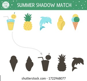 Summer shadow matching activity for children. Preschool sea vacation puzzle. Cute exotic educational riddle. Find the correct silhouette printable worksheet. Simple beach holiday game for kids