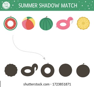 Summer shadow matching activity for children. Preschool sea vacation puzzle. Cute exotic educational riddle. Find the correct silhouette printable worksheet. Simple beach holiday game for kids