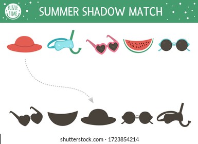 Summer shadow matching activity for children. Preschool sea vacation puzzle. Cute exotic educational riddle. Find the correct silhouette printable worksheet. Simple beach holiday game for kids