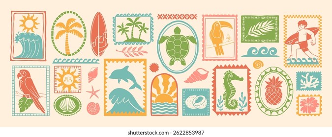 Summer shapes elements. Cartoon Hawaii tropic exotic paradise frames with animal, bird, flower, surf, people, palm tree. Ethnic collage with stamps. Vector set.