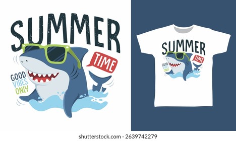 Summer shark hand drawn illustration vector, ready for print on t-shirt and other uses.