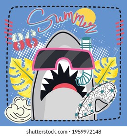 summer shark  vector of shark cartoon Pink sunglasses  tropical Palm tree Hibiscus flower  pattern in surfboard  Blue background or poster.