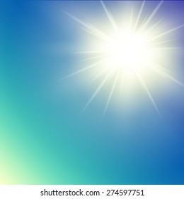 Summer shining hot sun with blue sky.  Vector illustration.