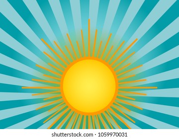 Summer shining sun on the sky background. Blue backdrop with retro rays of light.