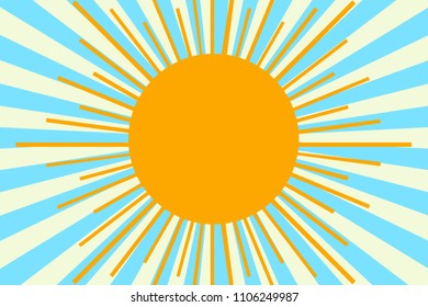 Summer shining sun on the sky background. Blue backdrop with retro rays of light.