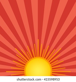 Summer shining sun on the sky background. Orange and red backdrop with retro rays of light.