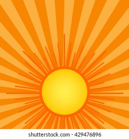 Summer shining sun on the sky background. Orange backdrop with retro rays of light.
