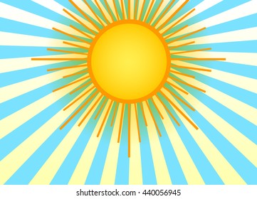 Summer shining sun on the sky background. Blue backdrop with retro rays of light.