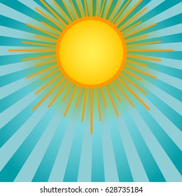 Summer shining sun on the sky background. Blue backdrop with retro rays of light.