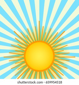 Summer shining sun on the sky background. Blue backdrop with retro rays of light.