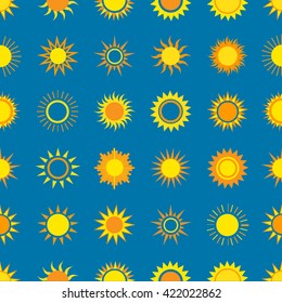 Summer shining suns on the blue sky seamless pattern. Vector background.
