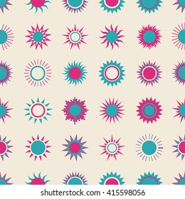 Summer shining suns on the sky seamless pattern. Pink and teal blue retro vector background.