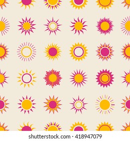 Summer shining suns on the sky seamless pattern. Pink and orange retro vector background.