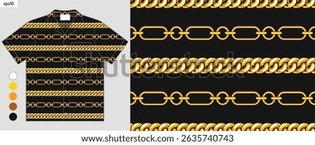 Summer shirt beachwear vector pattern, gold chain pattern, Hawaiian shirt mockup design, fabric print ready, clear presentation, not AI generated.