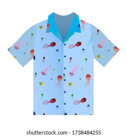 Summer shirt with short sleeves in blue. Marine ornament with cartoon jellyfish. Summer clothes. Isolated vector on white background