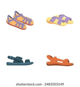 Summer shoe icons set cartoon vector. Various open fashion sandal with strap. Footwear