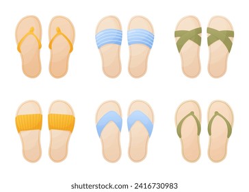 summer shoe set, flip flops, slippers for beach, vacation, comfortable sandals, yellow, blue and green, cartoon style vector illustration