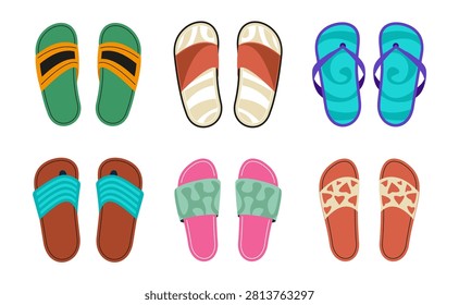 Summer shoes for beach or pool, flip flops with print, top view. Male and female clothing or accessories for vacation or holiday on summertime. Vector slippers, simple light for feet
