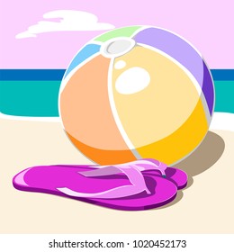 Summer shoes for the beach in the sand. Vector.