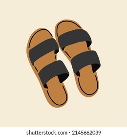 Summer shoes, sandals with black straps on a light background. Flat design, hand drawn cartoon, vector illustration.