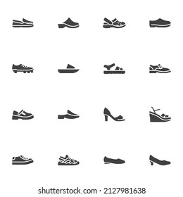 Summer shoes vector icons set, modern solid symbol collection, filled style pictogram pack. Signs, logo illustration. Set includes icons as high heel shoes, sport footwear , sandal, sneaker, clogs
