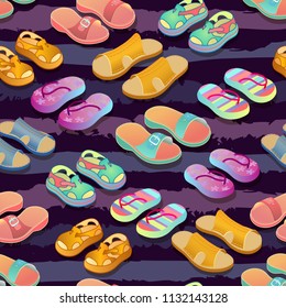 Summer shoes vector. Seamless pattern with colorful shoes for children, man and woman isolated on striped dark background. Isometric illustration.