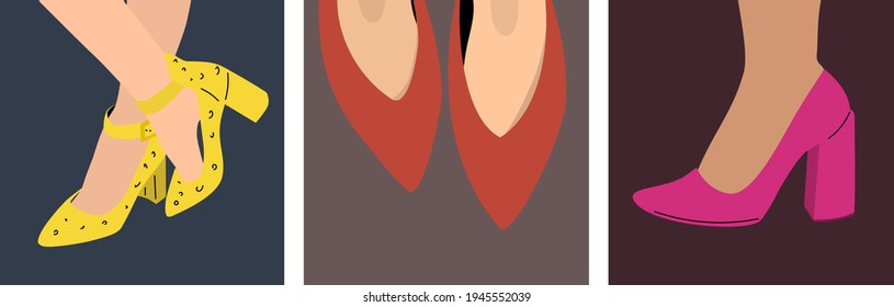 Summer Shoes yellow,red, pink colours, high-heeled. Spring Pumps. Vector illustration. Collage