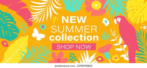 Summer shop promotion colorful background. Exotic leaves, flowers, parrot. Frame with place for text. 
