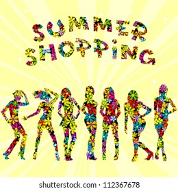 Summer shopping advertising with flowers patterned women silhouette