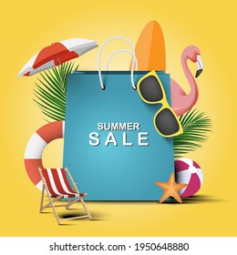 Summer shopping bag concept. Summer Sale Design with Palm Leaves and Shopping bag on Yellow Background. Vector Holiday Special Offer Illustration with Beach.