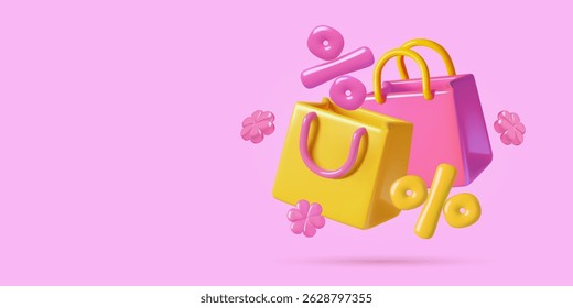 Summer shopping bags 3d vector icon with pink flowers and percentage sign. Seasonal sale background with copy space.