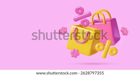 Summer shopping bags 3d vector icon with pink flowers and percentage sign. Seasonal sale background with copy space.