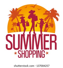 Summer shopping design template with fashion girls silhouette against tropical view.