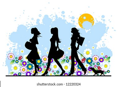 Summer, shopping girls, vector illustration