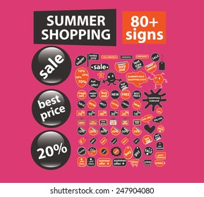 summer shopping, labels, stickers, icons, signs, illustrations set, vector
