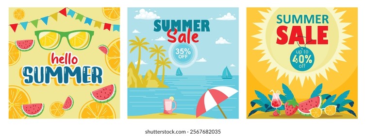 Summer shopping offer. Special offer 35%. Colorful summer decoration. Summer concept. Set flat vector illustration.