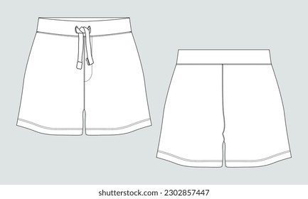 Summer shorts pant technical drawing fashion flat sketch vector illustration template front and back views