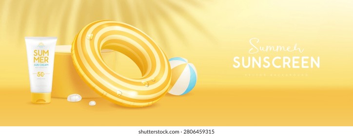 Summer showcase background with 3d sunscreen, swim ring, ball and palm leaf shadow on yellow background. Colorful summer scene. Vector illustration