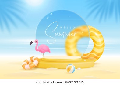 Summer showcase beach background with 3d yellow realistic inflatable swim rings, podium and flamingo. Colorful summer scene. Vector illustration
