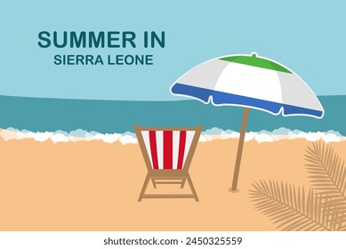 Sommer in Sierra Leone, Liegestuhl und Sonnenschirm, Urlaub oder Urlaub in Sierra Leone, Urlaubskonzept Vektorgrafik Design, Sommerurlaub, Meeressandsonne, Reise- und Tourismusidee