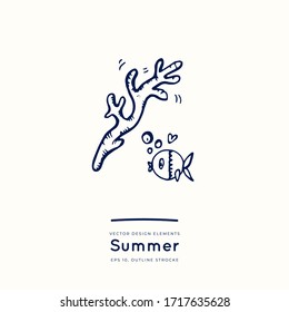 Summer sign. Algae and fish. Vector illustration. Design for stikers, poster, social media post. Positive doodle icons, vacation elements. Isolated on white background.
